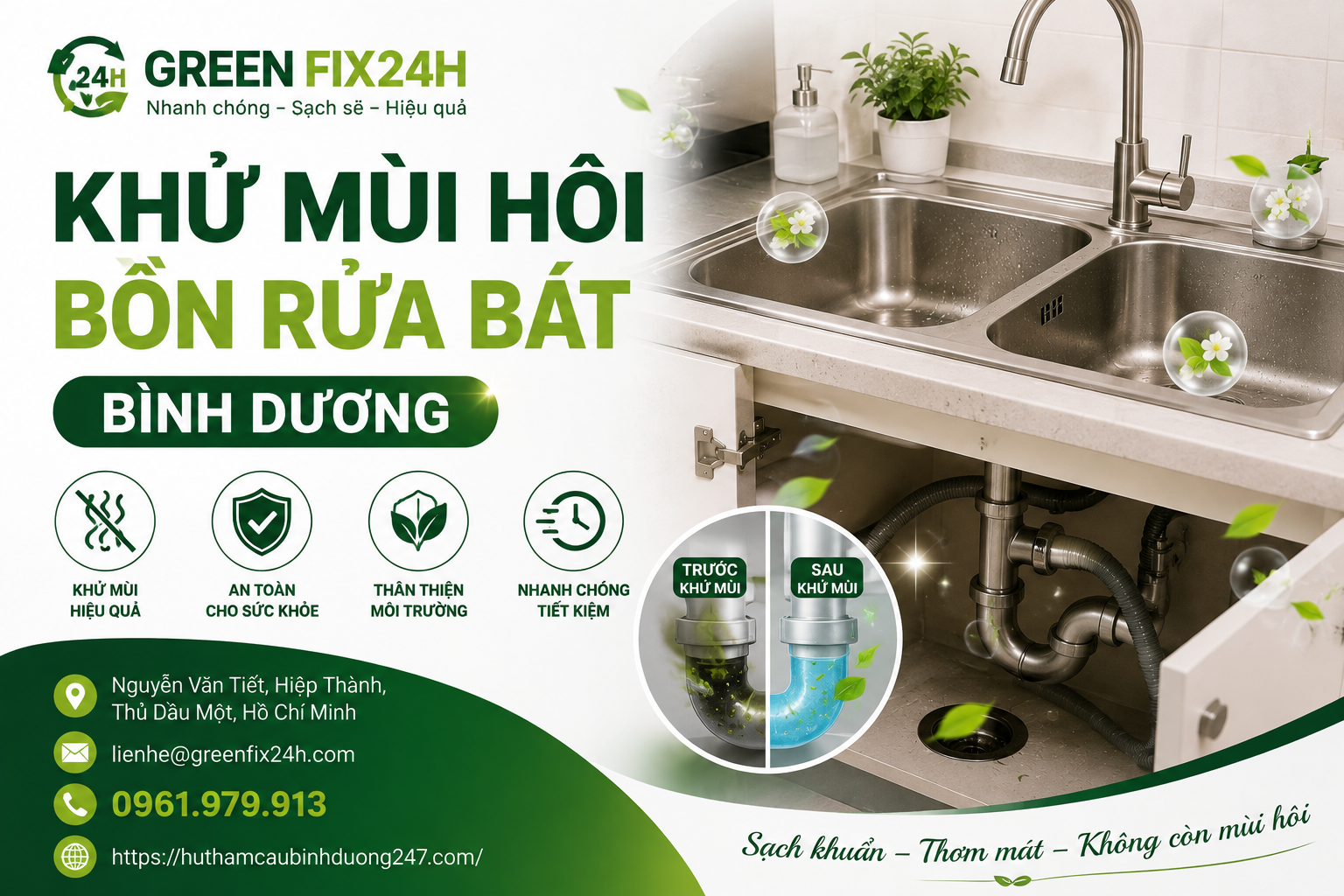 Khử mùi hôi bồn rửa bát bình dương triệt để 100%, giá sốc 2026