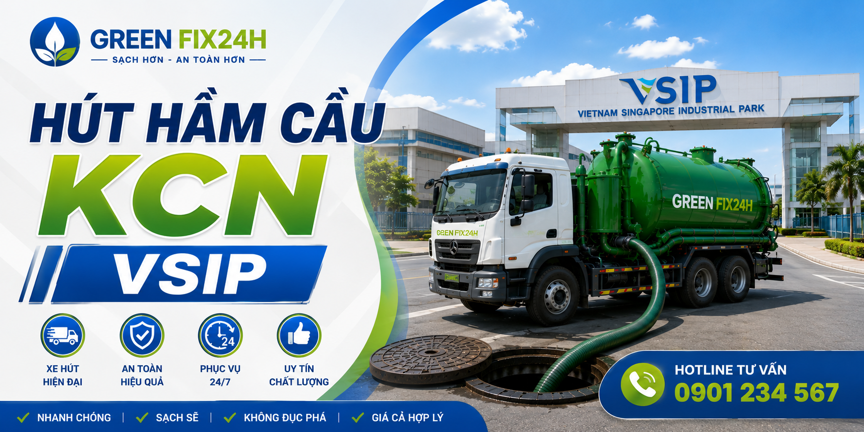 Hút hầm cầu kcn vsip siêu tốc 24/7 - Xử lý dứt điểm 100%