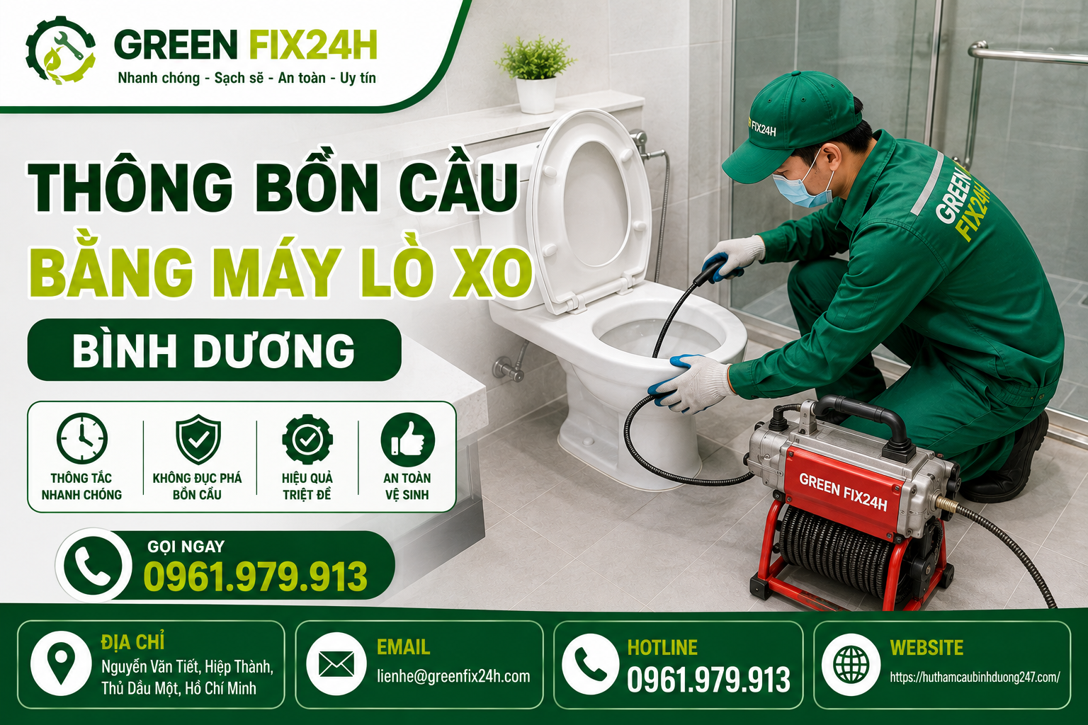 Thông bồn cầu bằng máy lò xo bình dương cực kỳ sạch, 5 phút xong ngay